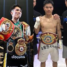 Japan's Naoya Inoue (left) and South Korea's Kim Ye-joon's images are placed alongside each other in file photos. Inoue settles for replacement fighter as Goodman withdraws again