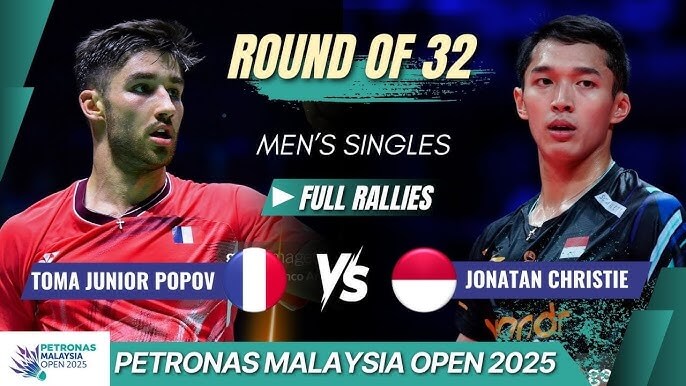 France's Toma Junior Popov (left) and Indonesia's Jonatan Christie (righr) are featured in a promotional photo for their matchup at the Malaysia Open. Popov upsets Christie in Malaysia Open