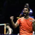 India's HS Prannoy pumps his fist incelebration in file photo. Prannoy advances in Malaysia Open