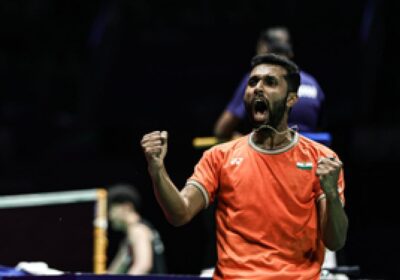 India's HS Prannoy pumps his fist incelebration in file photo. Prannoy advances in Malaysia Open