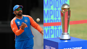 India captain Rohit Sharma (left) is seen alongside the ICC Champions Trophy 2025 hardware (right) in file photo. 
