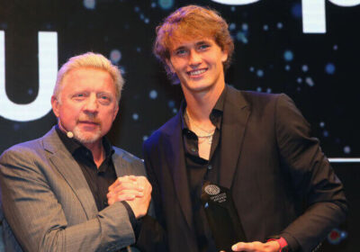 German tennis legend Boris Becker (left) and world No.,2 Alexander Zverev (right) share the spotlight at a recent event in file photo. Zverev should win Grand Slam 'in the next 18 months,' says Becker