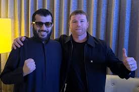 Mexican champion Canelo Alvarez (right) poses with Turki Alalshikh, chairman of Saudi , rabia's General Entertainment Authority, in file photo. Canelo to fight in Riyadh in May under four-bout deal