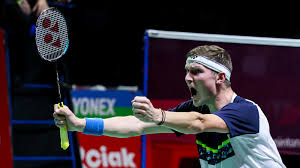 Denmark's Viktor Axelsen reacts with his arms pointed forward at a recent match in file photo. Axelsen excited for 'Asian' vibe in Birmingham