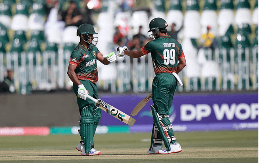 Bangladesh's Tanzid Hasan (left) pumps fists with teammate Njmul Hossain Shanto in their match against New Zealand on Tuesday. Bangladesh's Champions Trophy exit due to vets' absence: Jaffer