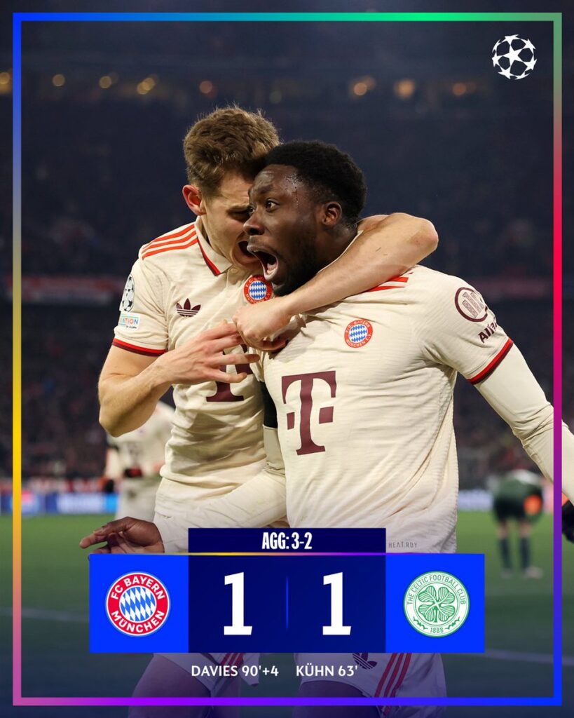 Alphonso Davies scored the last-minute goal for Bayern to beat Celtic and advanced through Champions League Round of 16