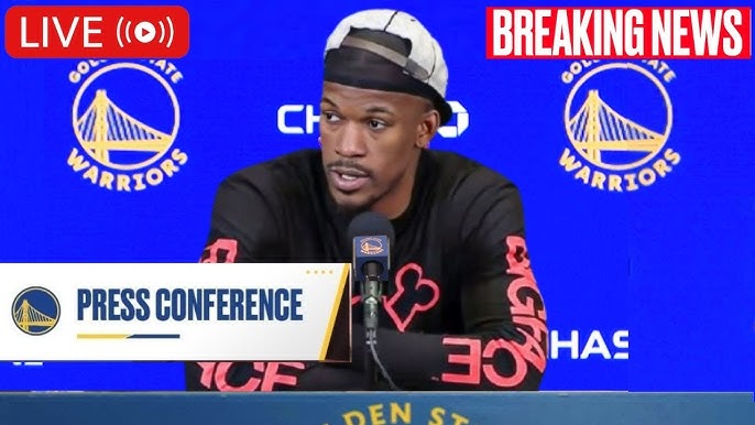 New Golden State forward Jimmy Butler (left) fields questiions in his introductory news conference on Thursday. Butler 'happy to be playing basketball again' with Dubs after trade