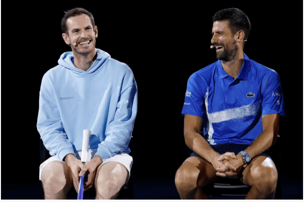 Serbia's Novak Djokovic (right) and Britain's andy Murray (left) fields questions at a news conference in file photo. Djokovic sticks with Murray as coach indefinitely, loses at Qatar