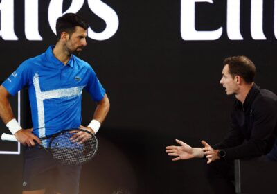 Serbia's Novak Djokovic (left) and Britain's andy Murray (right) discuss strategy at a recent Australian Open match in file photo. Djokovic sticks with Murray as coach indefinitely, loses at Qatar