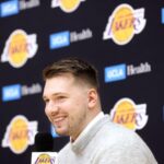 Slovenian guard Luka Doncic speaks at his first news conference as a Los Angeles Laker on Tuesday. Doncic 'excited for new Lakers journey after 'shock' trade