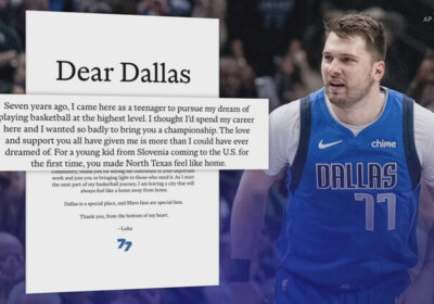 Luka Doncic (rigght) made a letter to Dallas fans (left) to thank them for their support a day after the blockbuster trade that sent him to the Los Angeles Lakers. Doncic thanks Dallas fans