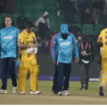 Players from England (in blue) nd Afhanistan (yellow) converge in the pitch during their match on Monday. Afghanistan vs England match set at Champions Trophy