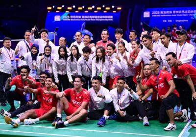 Players, officials, and supporters of Team Indonesia pose for a group pic after the BAMTC 2025 final against China on Sunday. Indonesia upsets China to claim first BAMTC 2025 title