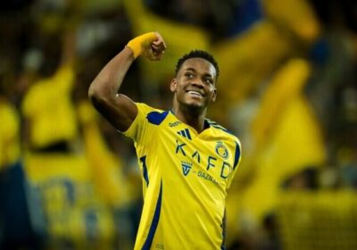 Al Nassr Jhon Duran flexes his muscles in celebration in his team's match against Al Ahli at the Saudi Pro League on Thursday. Al Nassr beat Al Ahli as Ronaldo allows Duran to take spotlight