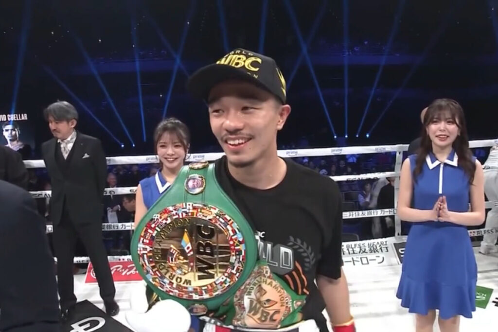 Japanese Junto Nakatani poses with his WBC bantamweight title after he knocked out David Cuellar in the third round of their title bout in Tokyo on Monday. Nakatani welcomes 'opportunity' to face Inoue after beating Cuellar