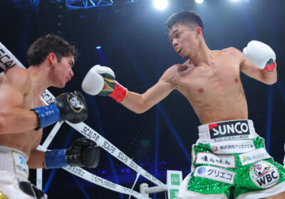 Japanese Junto Nakatani (right) pummels David Cuellar (left) with several punches in their title bout in Tokyo on Monday. Nakatani welcomes 'opportunity' to face Inoue after beating Cuellar