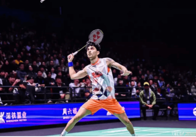 India's men's singles shuttler Lakshya Sen braces for a shot at the Badminton Asia Mixed Team Championships (BAMTC) 2025 on Wednesday. India routs Macau, reaches BAMTC 2025 quarters