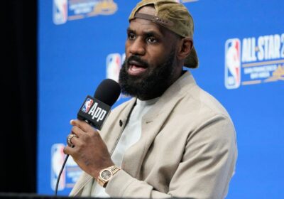 Los Angeles Lakers forward LeBron James fields questions at an NBA All-Star Weekend 2025 news conference. NBA All-Star Game to miss James for first time after 20-year run