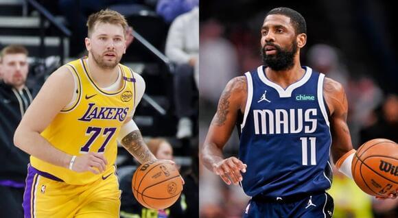 New Los Angeles Lakers guard Luka Doncic (left) and Dallas guard Kyrie Irving (right) are expected to play key roles as their teams play against each other on Tuesday. Lakers vs Mavericks offers first look of Luka against former team