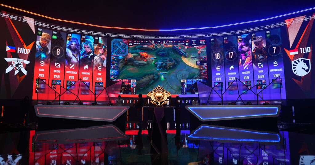 A playing area with a big screen featuring Mobile Legends: Bang Bang is featured in file photo. 2026 Asian Games unveils 11 esports medal events up for grabs