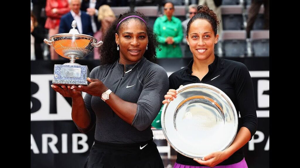 Serena Williams (left) and Madison Keys (right) share a moment at an awarding ceremony in file photo. Williams says 2012 Olympics' dance 'would pay off' at Super Bow