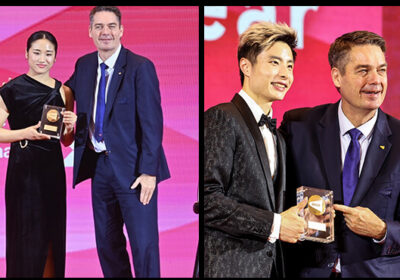 South Korea's An Se-young (left) and China's Shi Yu Qi (right) pose with BWF President Poul-Erik Hoyer Larsen after receiving their BWF Women's and Men's Singles Player of the Year 2024 trophies, respectively. Shi, An still lead BWF Singles World Rankings