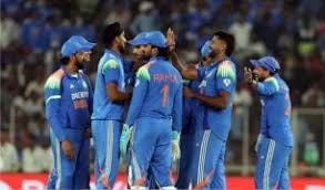 Members of Team India converge in the field during a break at a recent match in file photo. 'Dream 11' for India vs Bangladesh set