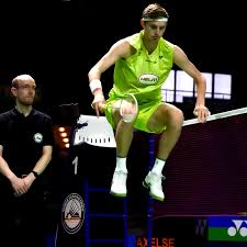 Denmark's Viktor Axelsen appears to be sittinmg in the air in his German Open match on Wednesday. German Open 2025 openers see Srikanth lose