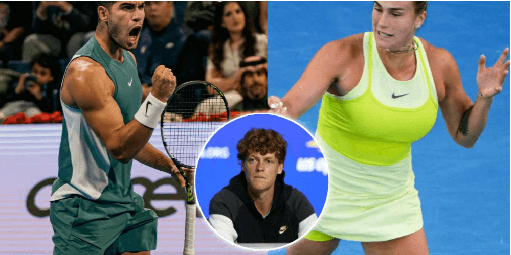 Spain's Carlos Alcaraz (left) and Belarus' Aryna Sabalenka (right) in action at a recent tournamen t while Italy's Jannik Sinner (middle, inset) looks on in file photo. Alcaraz, Sabalenka gets nods for Laureus World Sports Awards