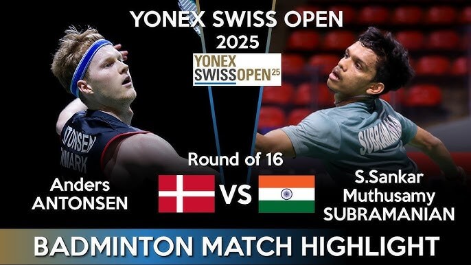 Denmark's Anders Antonsen (left) and Sankar Muthusamy Subramanian (right) were matched up in their round of 32 matchup in Basel on Thursday. Andersen ousted in Swiss Open 2025