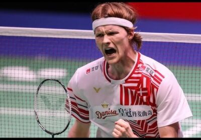 Denmark's Anders Antonsen exults during a match in file photo. Andersen ousted in Swiss Open 2025