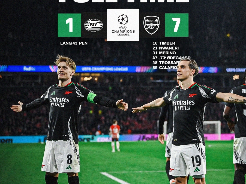 Arsenal put 7 against PSV at the Champions League Round of 16 first leg