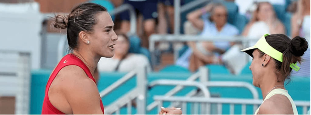 Belarus Aryna Sabalenka(left) shakes hands with Bulgaria's Viktoriya Tomova (right) at center court after their match on Thursday. Sabalenka, Gauff, Fonseca advance at Miami Open;