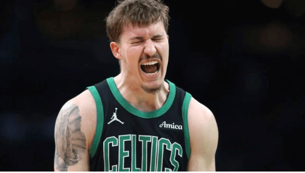 Boston rookie Baylor Scheierman reacts after making a shot against the Brooklyn Nets in their game on Tuesday. The Celtics vs Nets game on Tuesday saw Boston still winning despite resting top stars Jayson Tatum and Jaylen Brown.