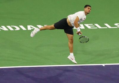 Spain's Carlos Alcaraz hits a shot in his stint at the 2024 Indian Wells in file photo. Alcaraz sees 'really open' Indian Wells draw despite Sinner's absence