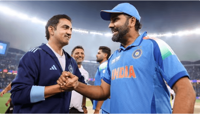 Coach Gautam Gambhir (left) shakes hands with team captain Rohit Sharma (right) in India's Champions Trophy final against New Zealand on Sunday. ICC Champions Trophy post-final sees Gambhir with India 'A' early