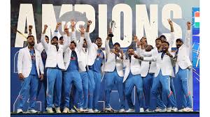 Members of Team India celebrate after the post-finals awarding deremony in Dubai on Sunday. The Champions Trophy 2025 hardware is displayed amid a Pakistan building as background in file photo. ICC thanks PCB, ignores CT2025 post-finals presentation row