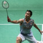 Indonesia's JKonatan Christie takes a shot in his match against Malaysia's Leong Jun Hao in Birmingham on Tuesday. All England Open 2025 sees Christie beat Leong