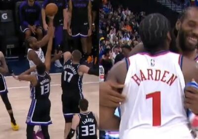 LA Clippers forward Kawhi Leonard(white, 2) delivers the game winnoing hook shot against two Sacramento Kings defenders in their game in Los Angeles on Sunday. Clippers vs Kings game has Leonard shot lead LA to win sans Lue