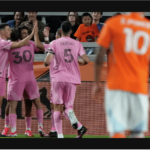 Inter Miami players celebrate a goal by teammate Telasco Segovia (8) as they played without Lionel Messi vs Houston on Sunday. Houston Dynamo vs Inter Miami match a dud with Messi's absence