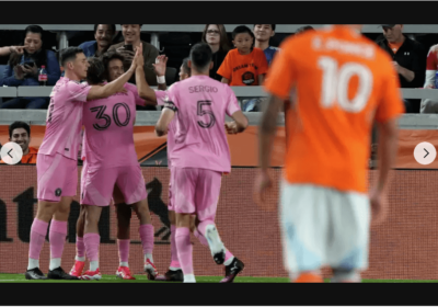 Inter Miami players celebrate a goal by teammate Telasco Segovia (8) as they played without Lionel Messi vs Houston on Sunday. Houston Dynamo vs Inter Miami match a dud with Messi's absence