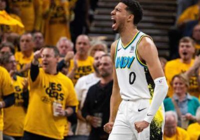 Indiana's Turese Haliburton reacts after hitting the game-winning layup in OT in Game 5 of their first-round series vs the Milwaukee Bucks on Tuesday. Pacers vs Bucks sees Indiana win Game 5, oust Milwaukee in OT