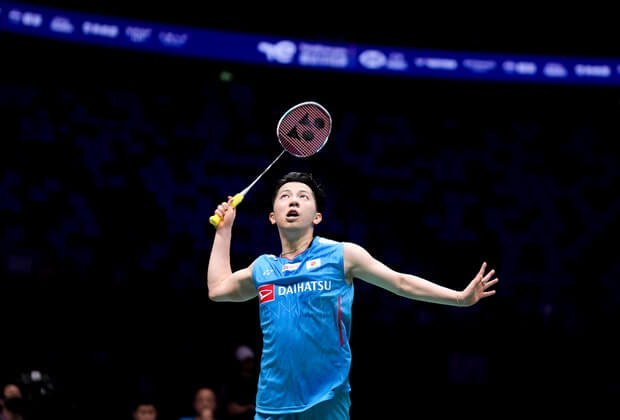 Mens singles shuttler Koki Watanabe stretches for a shot for Japan in its match against France on Tuesday. Japan reaches Sudirman Cup 2025 quarterfinals