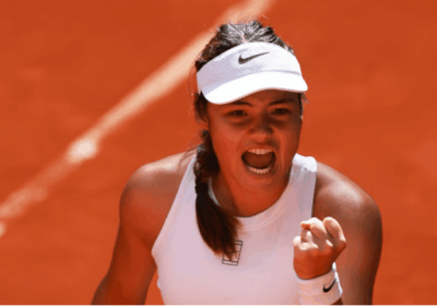 Britain's Emma Raducanu pumps her first after scoring against Suzam Lamens at the Madrid Open on wednesday. Raducanu edges Lamens in Madrid Open