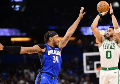 Boston's Jayson Tatum shoots vs the Orlando Magic in Game 4 of their first round playoff series on Sunday. Magic vs Celtics saw Tatum, Boston put Orlando on the brink