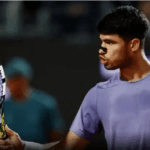Spain's Carlos Alcarazpumps his fist in his Italian Open 2025 match against Kharen Khachanov on Tuesday. Alcaraz tops Khachanov at Italian Open; Sinner, Paolini advance