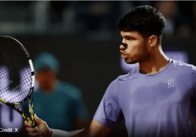 Spain's Carlos Alcarazpumps his fist in his Italian Open 2025 match against Kharen Khachanov on Tuesday. Alcaraz tops Khachanov at Italian Open; Sinner, Paolini advance