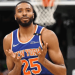 New York guard/forward Mikal Bridges gestures in Game 1 of their first-round series against the Boston Celtics on Monday. Celtics vs Knicks sees Bridges' steal seals it for New York in OT