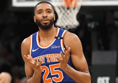 New York guard/forward Mikal Bridges gestures in Game 1 of their first-round series against the Boston Celtics on Monday. Celtics vs Knicks sees Bridges' steal seals it for New York in OT