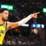 Indiana Pacers forward Tyrese Haliburton points his left finger to the crowd's direction in Game 5 of their Eastern Conference semifinals series against the Cleveland Cavaliers on Tuesday. Cavaliers vs Pacers series ends as Indiana takes Game 5